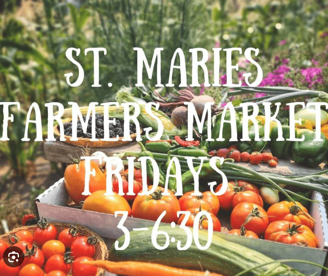 The words St. Maries Farmers Market Fridays: 3-6:30 over an image of various boxes and baskets filled with tomatoes, cucumbers, peppers, blackberries, corn and radishes.